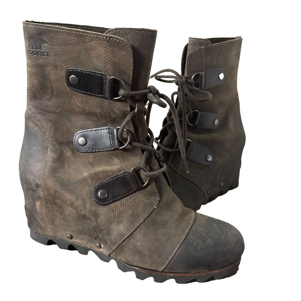 Sorel Leather Wedge Lace Up Boots Womens 10 Brown Waterproof Combat Moto